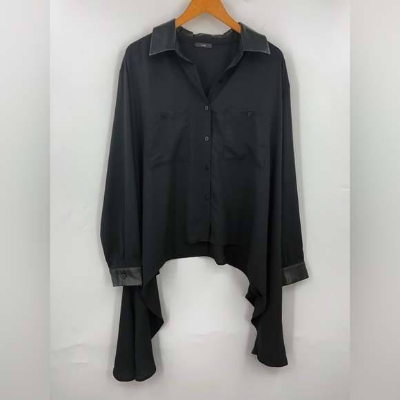 Ruti XL High-Low faux leather Button Up 0990 Top Blouse Black sheer lagenlook - Picture 2 of 12